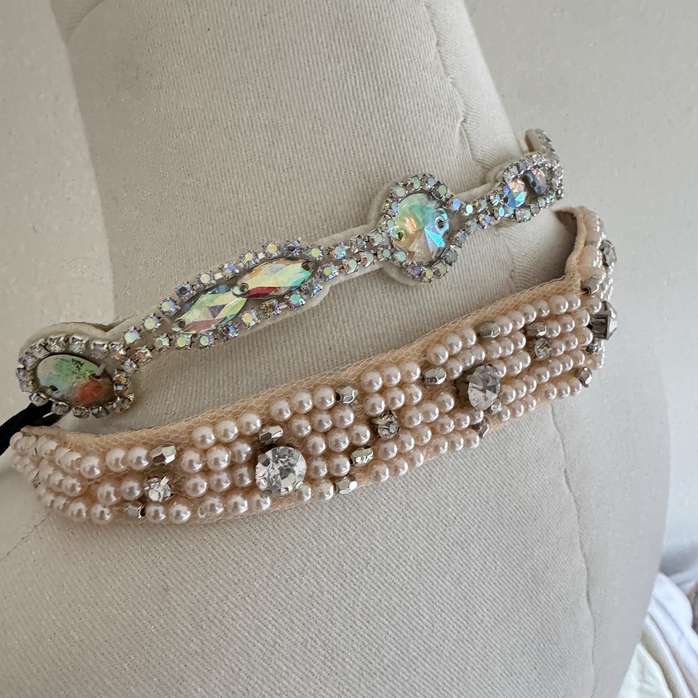 Vintage Y2k Rhinestone Beads Faux Pearl Stretch Headband Lot Boho Festival Fairy